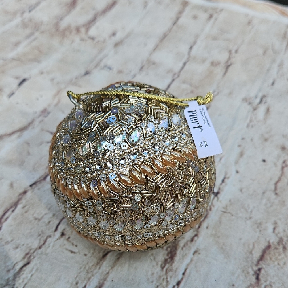 Pier 1 Christmas Ball Gold‎ & Silver Heavily Bejeweled Beaded 3.5 Inch